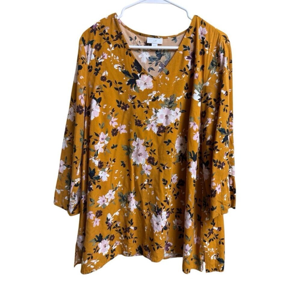 J.Jill Floral Rayon Blouse Mustard Yellow 3/4 Sleeve Relaxed Fit Top M